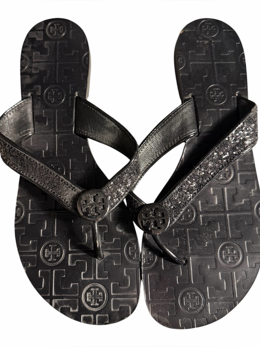 Black Glitter Logo Thong Sandals